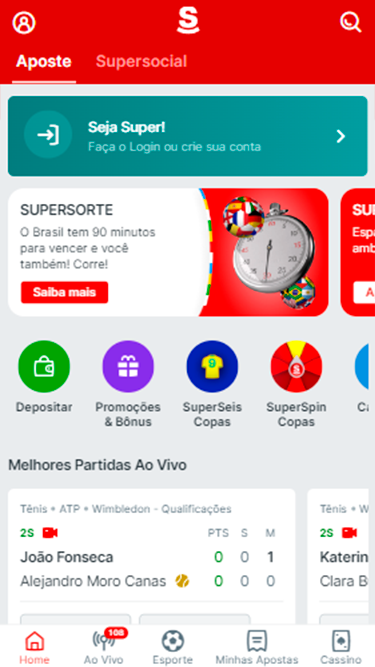Captura de tela da plataforma da Superbet demonstrando as principais seções do site pelas quais se pode navegar. 