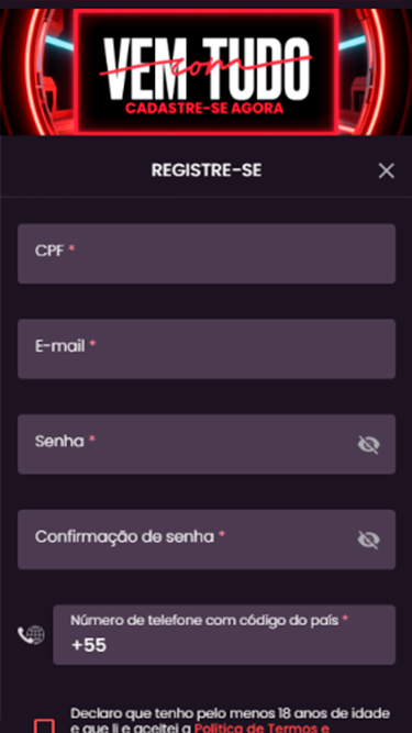 Captura de tela com a página de cadastro da Onabet, com os primeiros espaços a serem preenchidos: CPF, e-mail, senha, confirmação de senha e número de telefone.