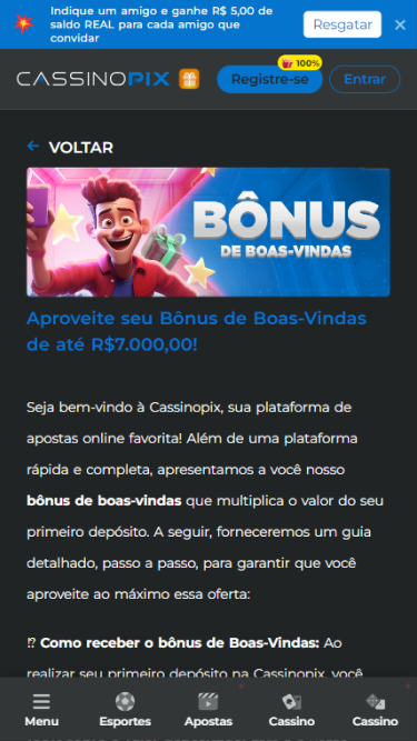 Página com as informações do bônus de boas-vindas de até R$7000 da Cassino Pix.