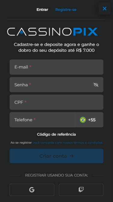 Página de cadastro da Cassino Pix. O formulário pede e-mail, senha, CPF e telefone.