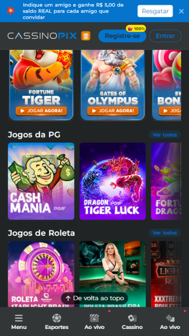 Print da plataforma da Cassino Pix com os jogos de cassino que estão disponíveis