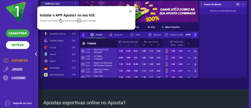 Caixa de diálogo para baixar o app que aparece no site da Aposta1.