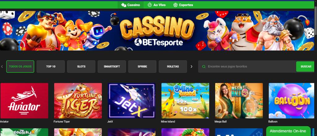 Seção de cassino do site da BETesporte, com destaque para jogos como Aviator, Fortune Tiger e JetX.