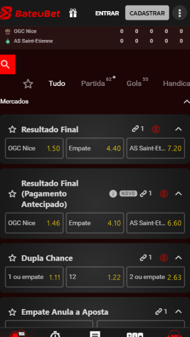 Mercados e odds para apostar em futebol na Bateu Bet.