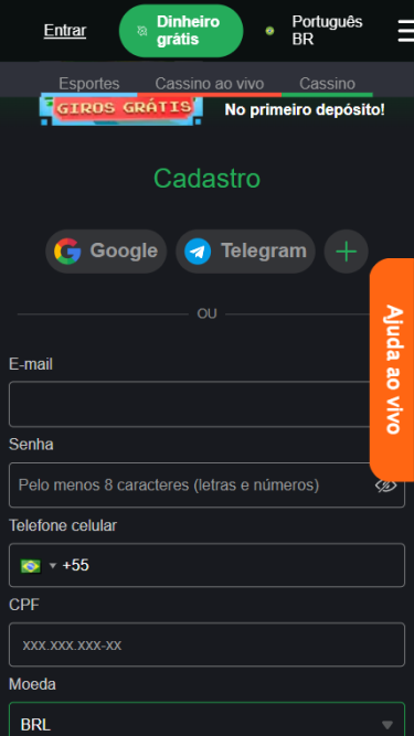 Captura do formulário de cadastro da Bons Casino. As informações solicitadas incluem e-mail, senha, telefone celular, CPF e moeda.