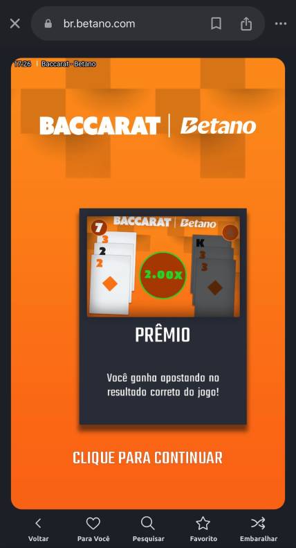 Print do Baccarat, jogo de cartas, na seção de Cassino da Betano.