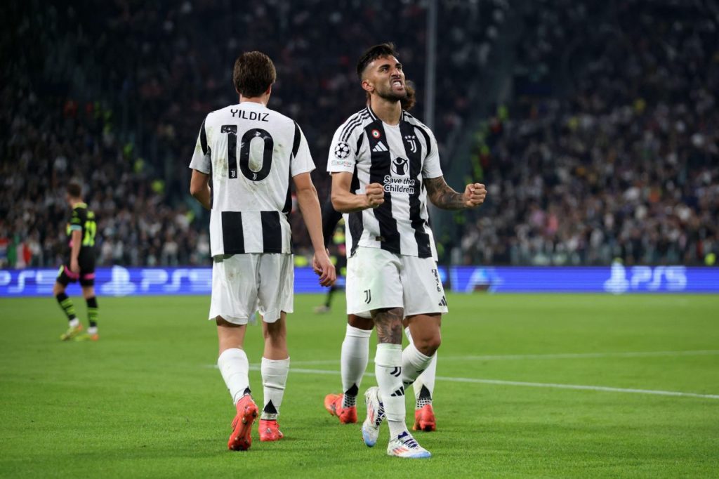 Nico González comemora gol pela Juventus na vitória sobre o PSV pela Liga dos Campeões da Uefa