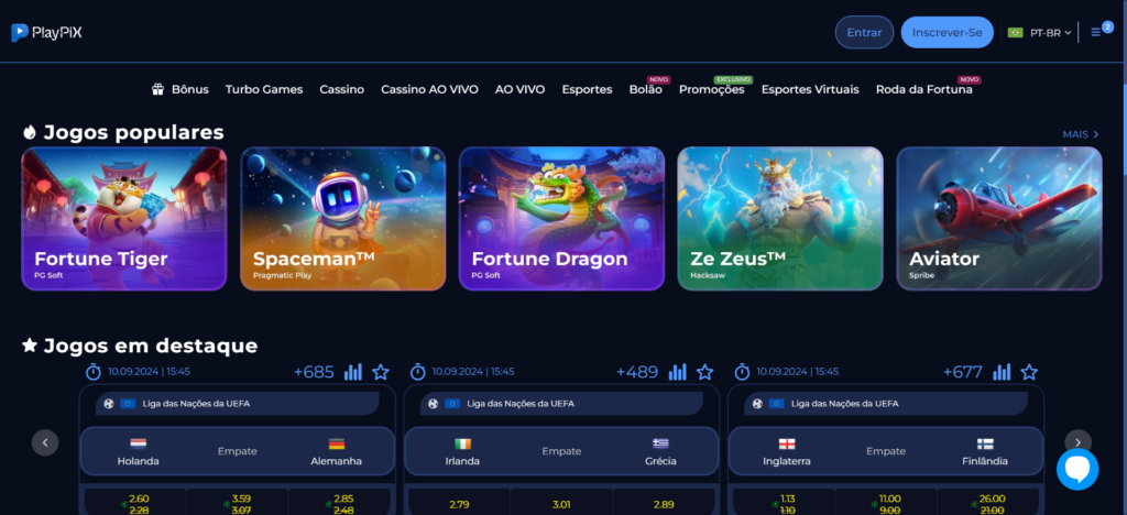 Página inicial da Playpix, com destaque para os jogos de cassino e opções de apostas em futebol.