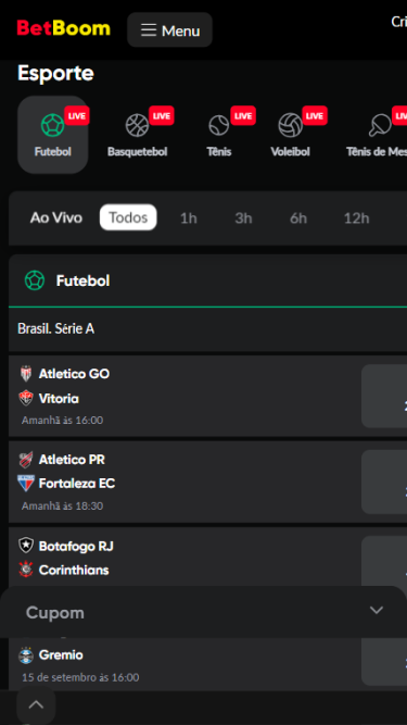 Opções de apostas esportivas da Betboom.