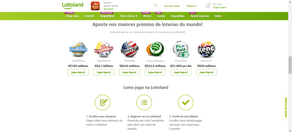 Loterias disponíveis no site da Lottoland incluem EuroMilhões, US MegaMillions e PowerBall.