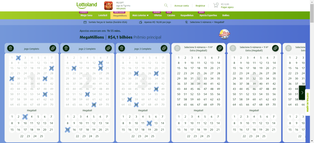 Visualização do site da Lottoland ao selecionar uma loteria para jogar.