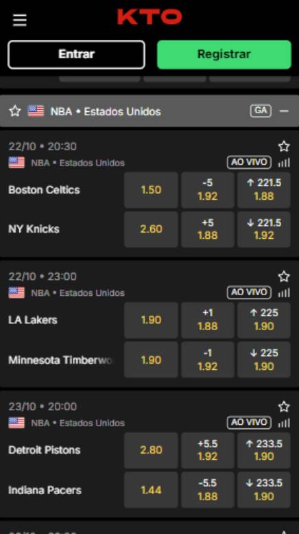 Print da KTO com algumas das opções de apostas disponíveis para a NBA.