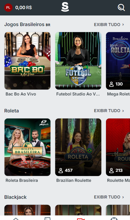 Print da seção de cassino ao vivo da Superbet.