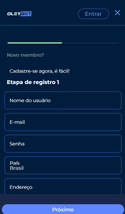 Oleybet pede nome de usuário, e-mail, senha e país e endereço no cadastro.