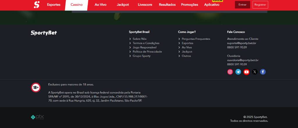 Rodapé do site da SportyBet, com dados de licença de operação.